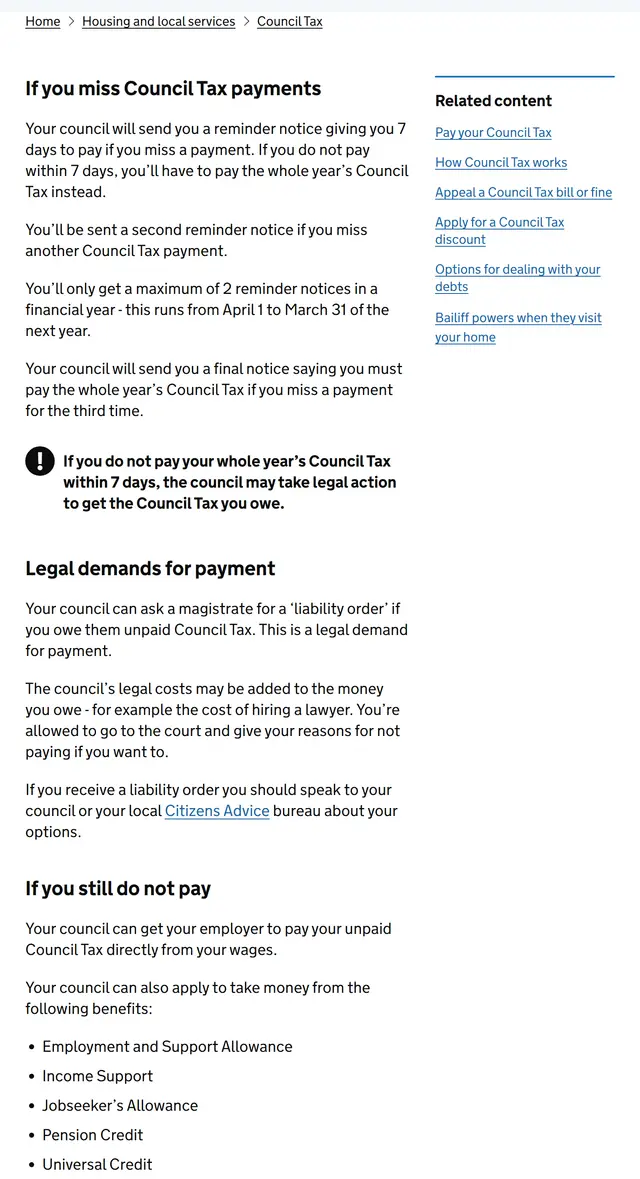 gov.uk: miss a payment for 7 days and the whole year falls due; keep going and it's a court liability order