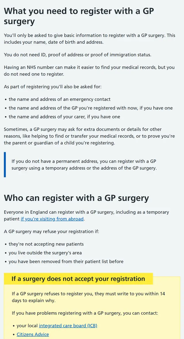 NHS page on registering with a GP, saying you do not need ID, proof of address or proof of immigration status