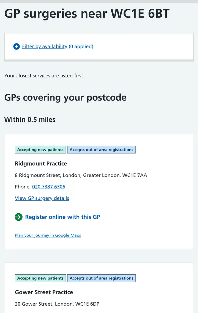 Postcode search results, with two badges above each surgery