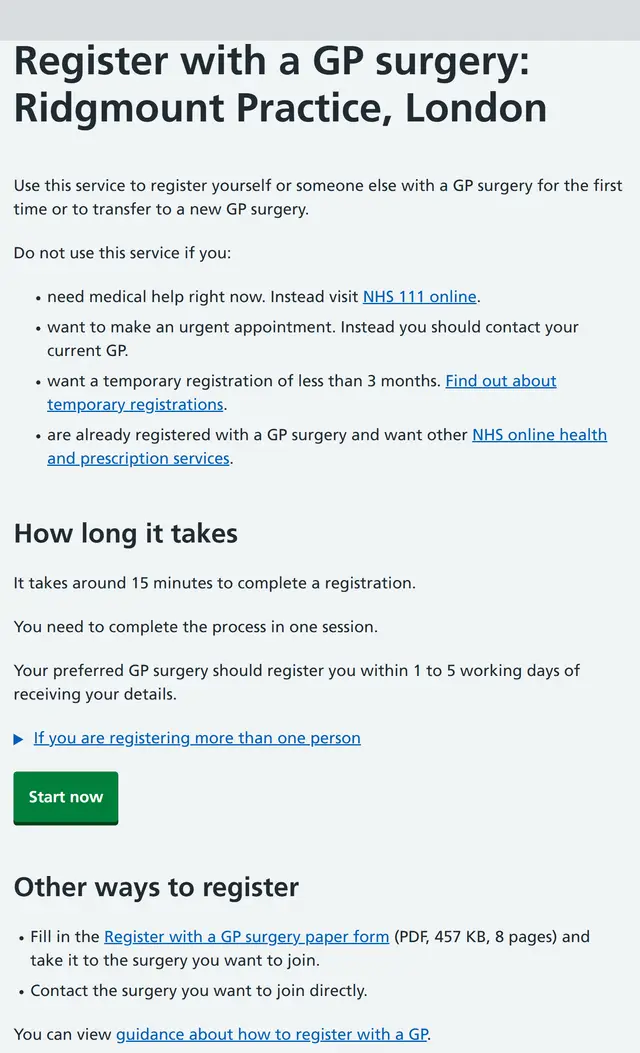 Registration service start page: 15 minutes, one session, 1 to 5 working days