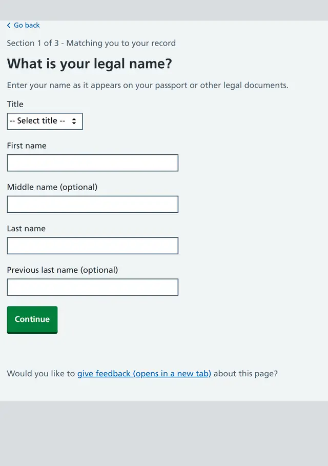 Name form asking for your name as it appears on your passport: Title, First name, Middle name, Last name
