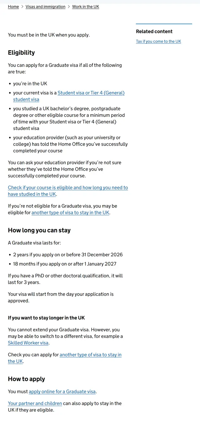 GOV.UK Graduate visa overview page