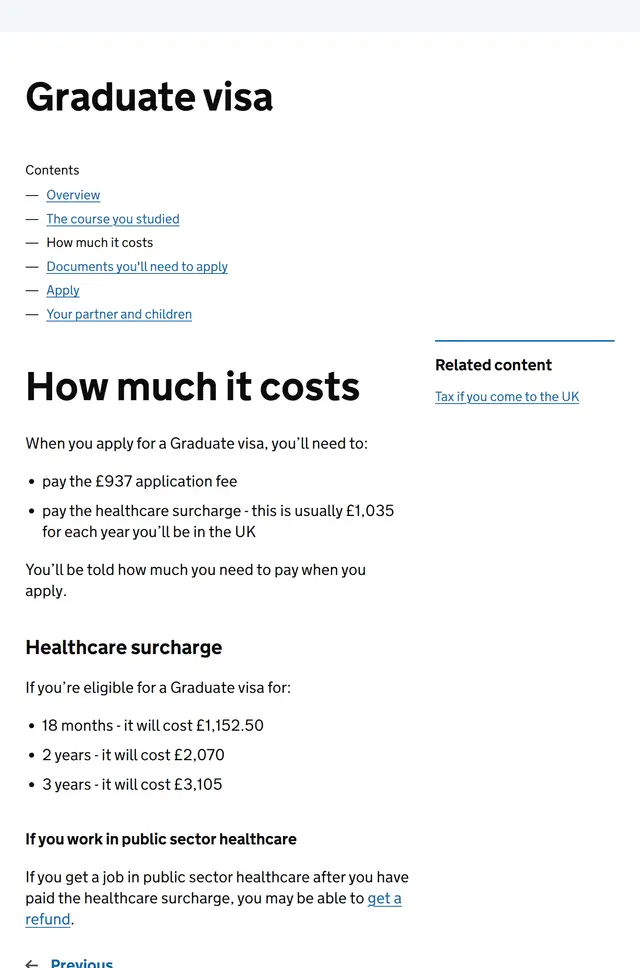 GOV.UK fees page